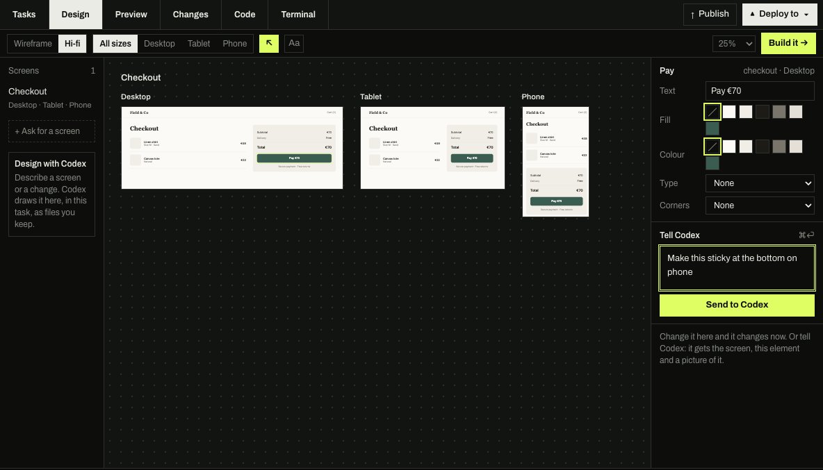 The Design tab: a checkout screen at desktop, tablet and phone size, the Pay button selected, and a panel to change its text and colour or tell Codex to make it sticky on phone