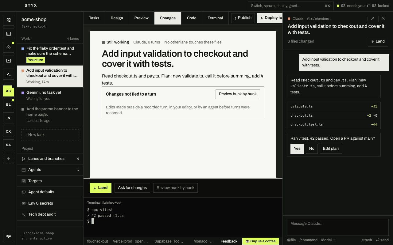 The Changes tab for a task: its summary, the Land, Ask for changes and Review hunk by hunk buttons