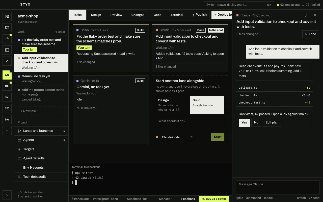 A working Claude Code task: its chat on the right with the plan, the files it changed and a question, and the composer at the bottom