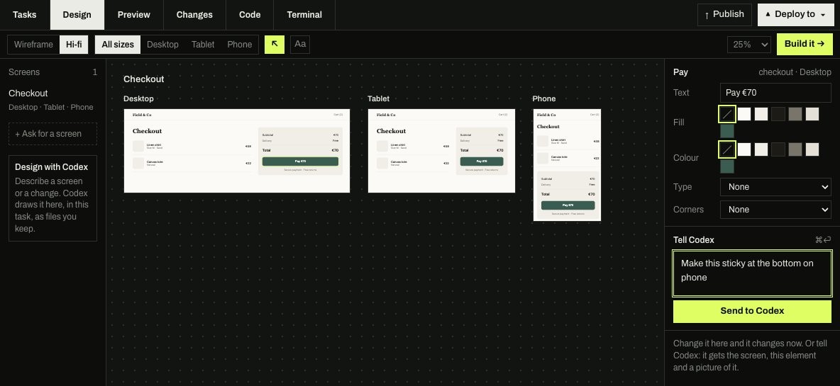 The Design tab: a Checkout screen at desktop, tablet and phone size side by side, the Pay button selected, and an inspector with Text, Fill, Colour, Type and Corners above a Tell Codex box