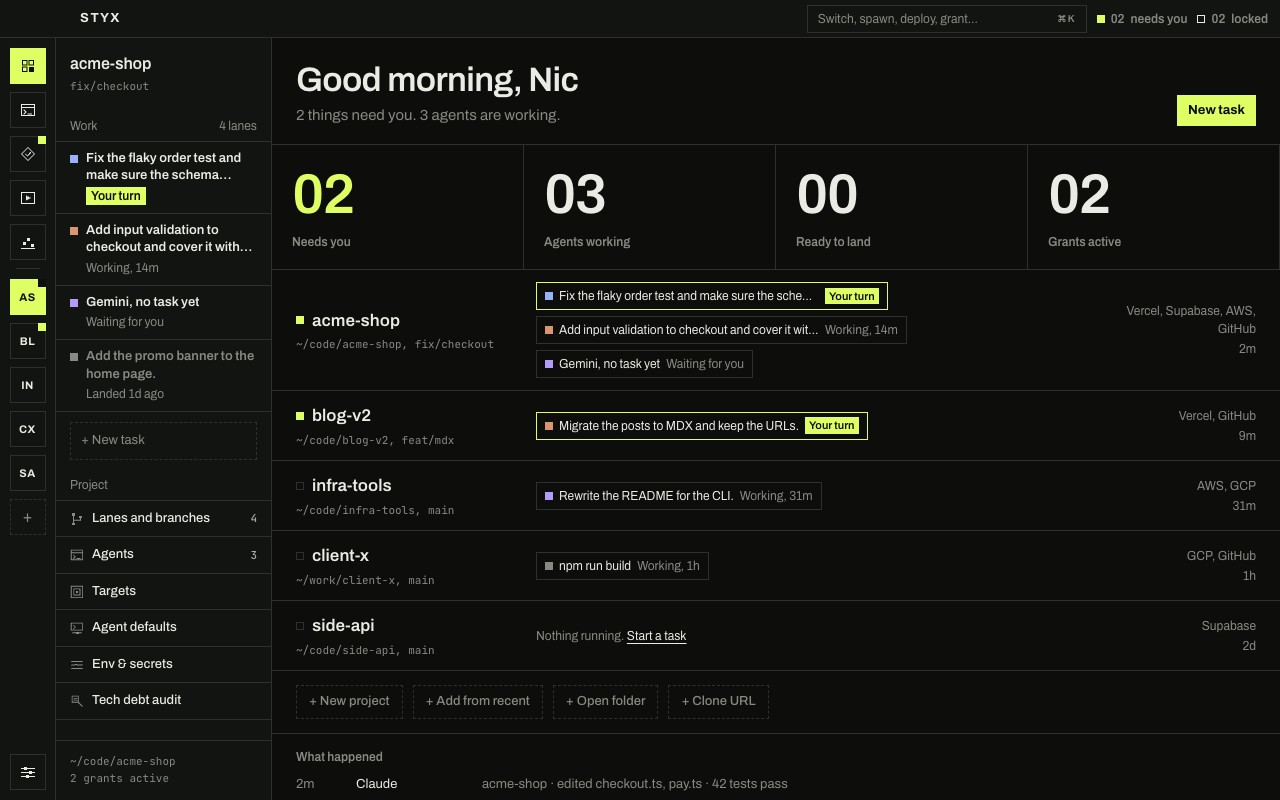 The All projects screen: four counters (Needs you 02, Agents working 03, Ready to land 00, Grants active 02), then five projects, each with its running tasks as chips