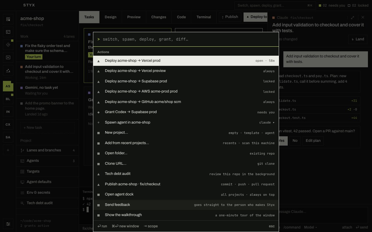 The command palette open over the workspace: deploy, grant and spawn actions, with each target's lock state on the right