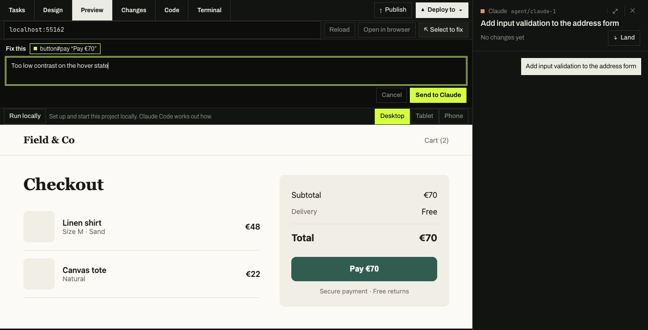 The Preview tab showing a checkout page, with the Pay button picked by Select to fix and a note saying the hover state has too little contrast, ready to send to Claude