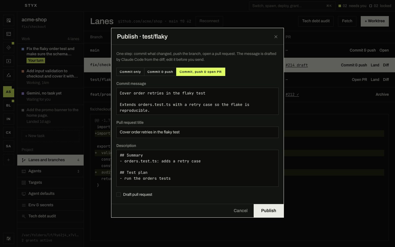 The Publish dialog: commit, push and open a pull request, with the commit message, title and description drafted by the agent
